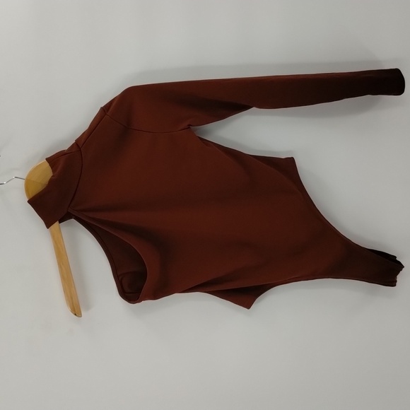 Unbranded bodysuit ribbed chestnut brown one shoulder exposed high collar large - Picture 6 of 6